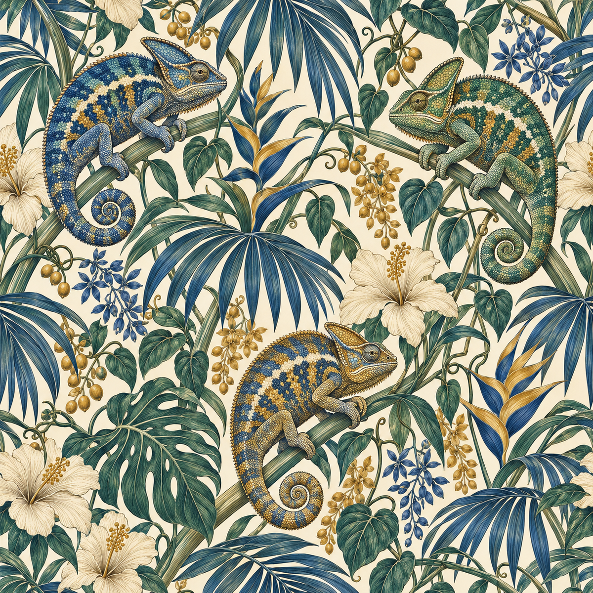 Ultramarine Palm Chameleons wallpaper shown in an interior setting