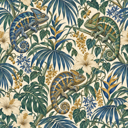 Ultramarine Palm Chameleons wallpaper shown in an interior setting