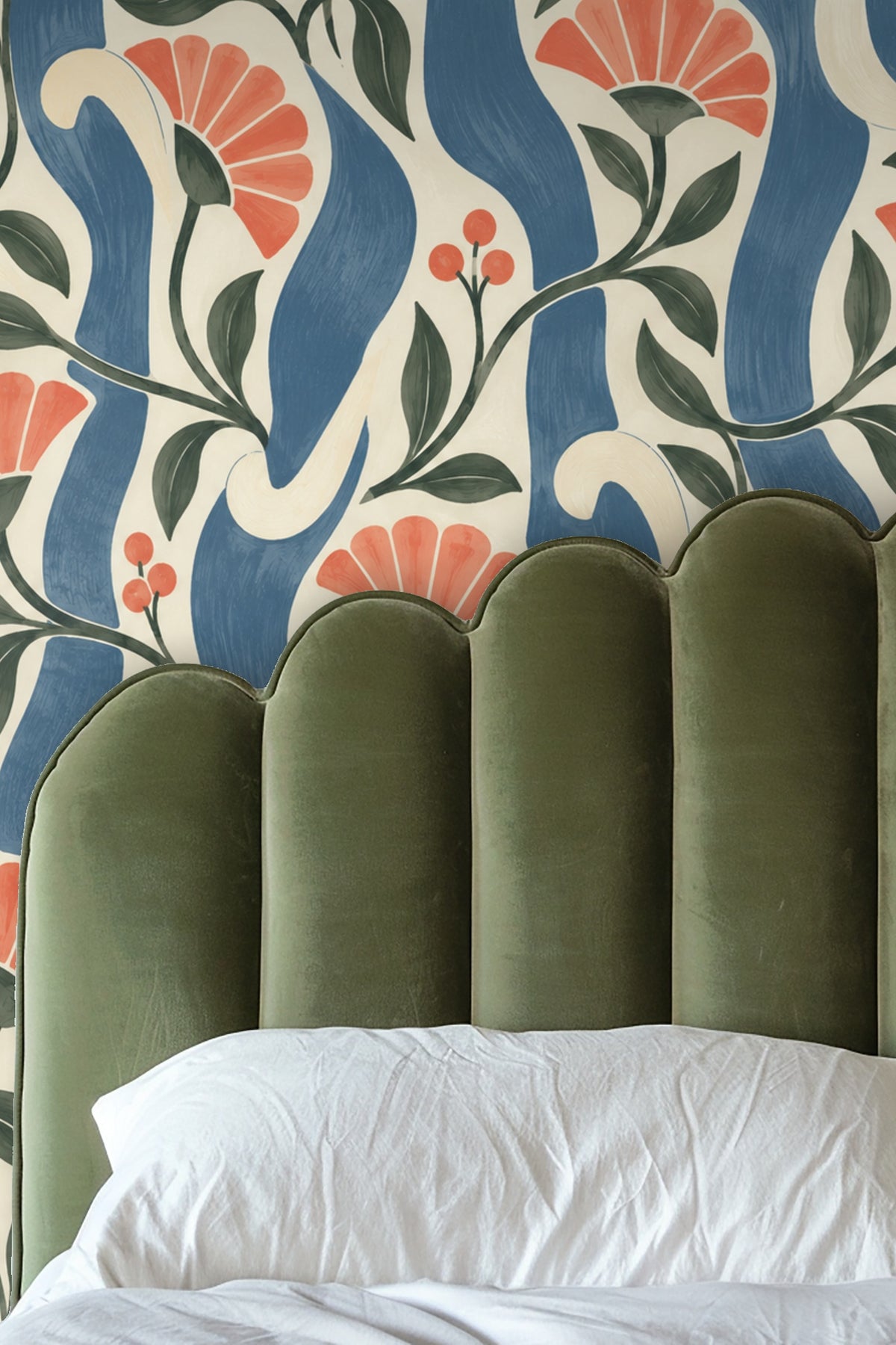 Wallpaper with layered brushstrokes in blue and cream under floral motifs