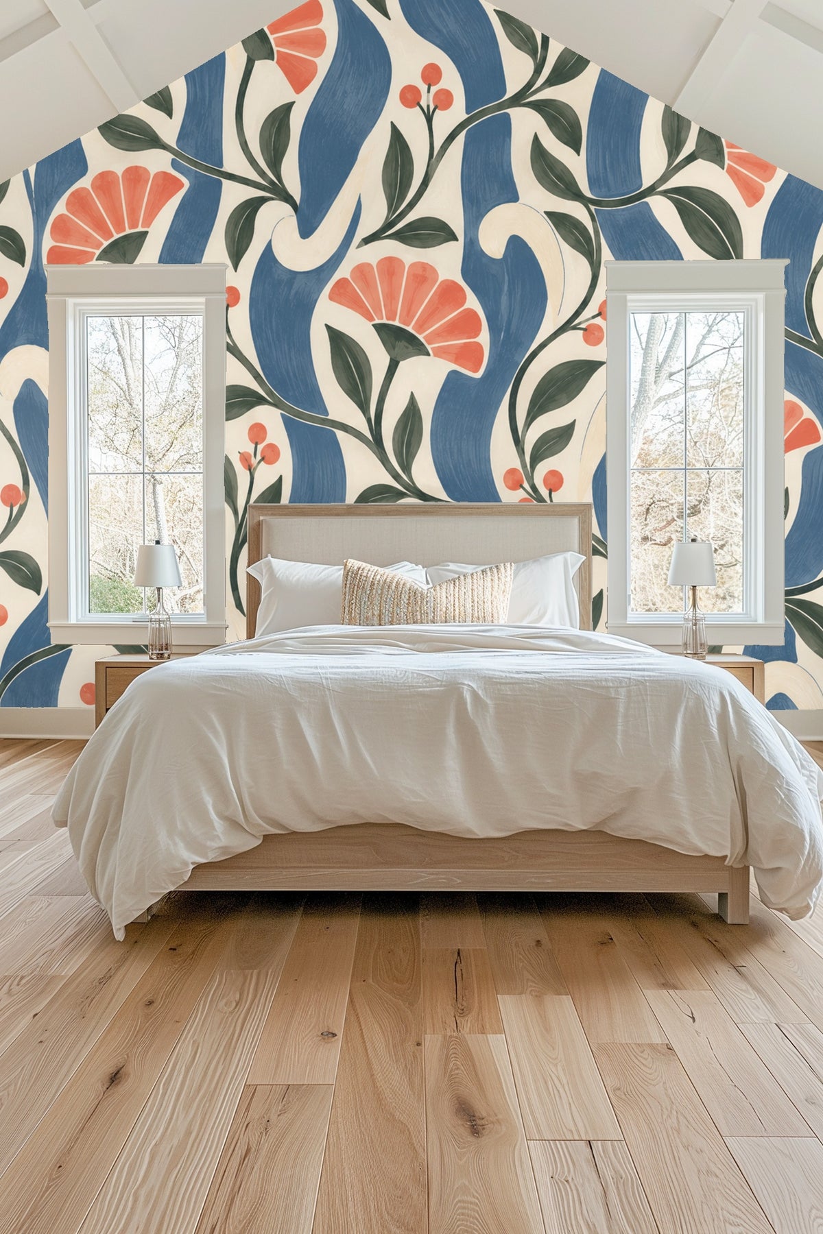 Living room wall decorated with wallpaper showing blue stripes and orange floral motif