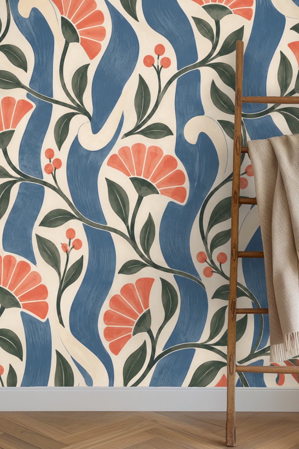 Wallpaper pattern with steel blue vertical stripes and coral fan-shaped flowers