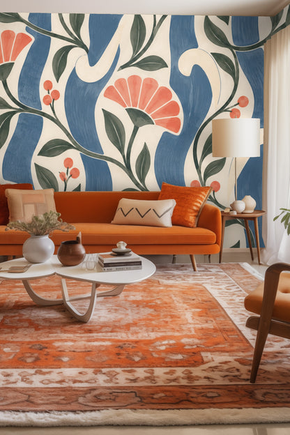 Wallpaper detail showing floral buds and flowing blue vertical stripes