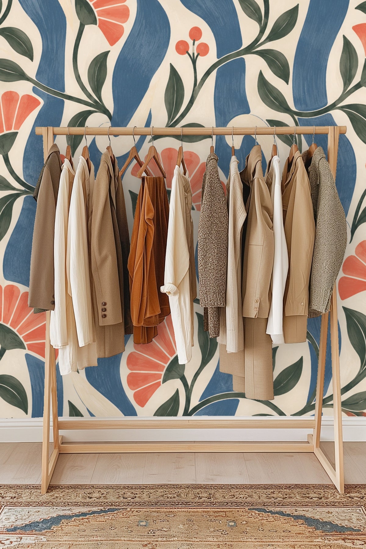Section of wallpaper with twisting green stems, leaves, and coral flowers