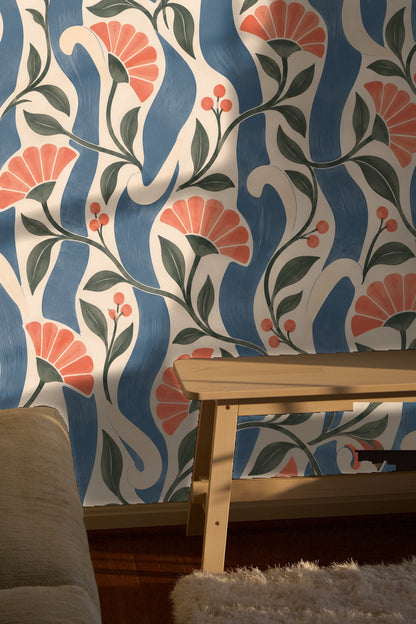 Corner wall showing full scale wallpaper pattern in room setting