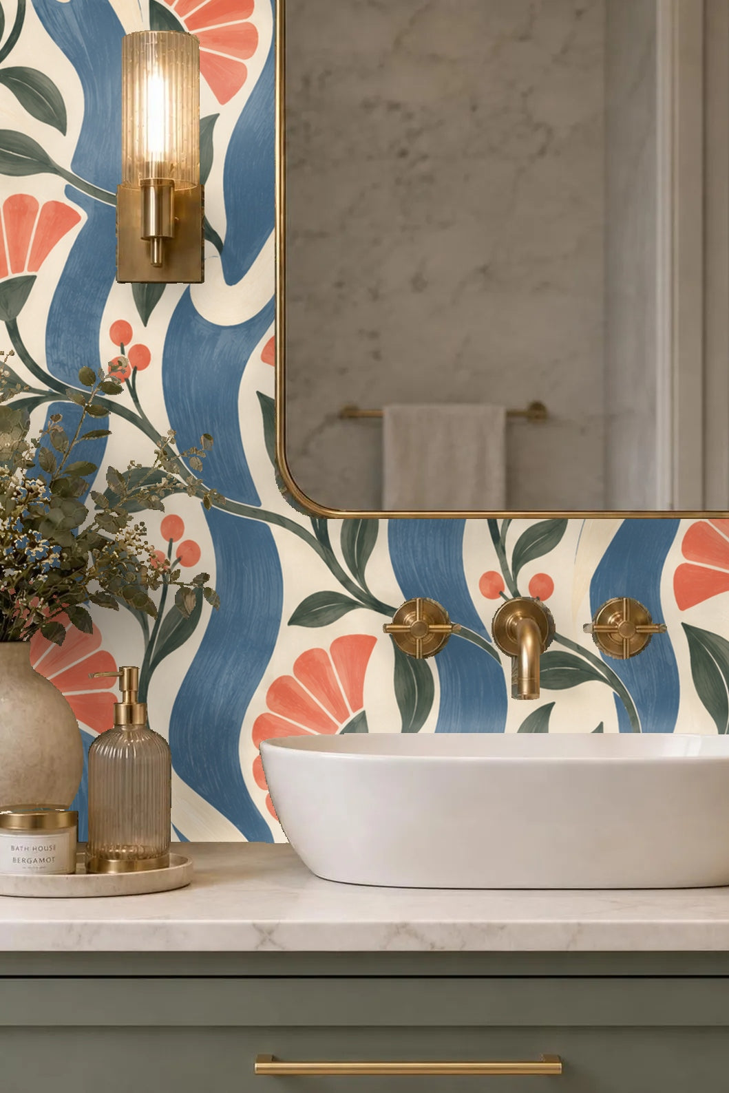 Background of wallpaper with ivory and blue wave-like stripes