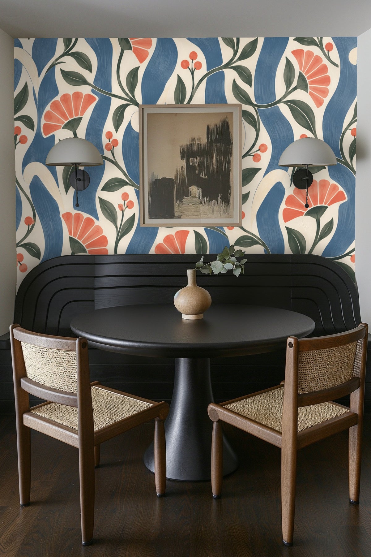 Coral petal flowers interspersed with green leafy branches on wallpaper