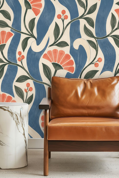 Interior wall with wallpaper showing bold floral and stripe design