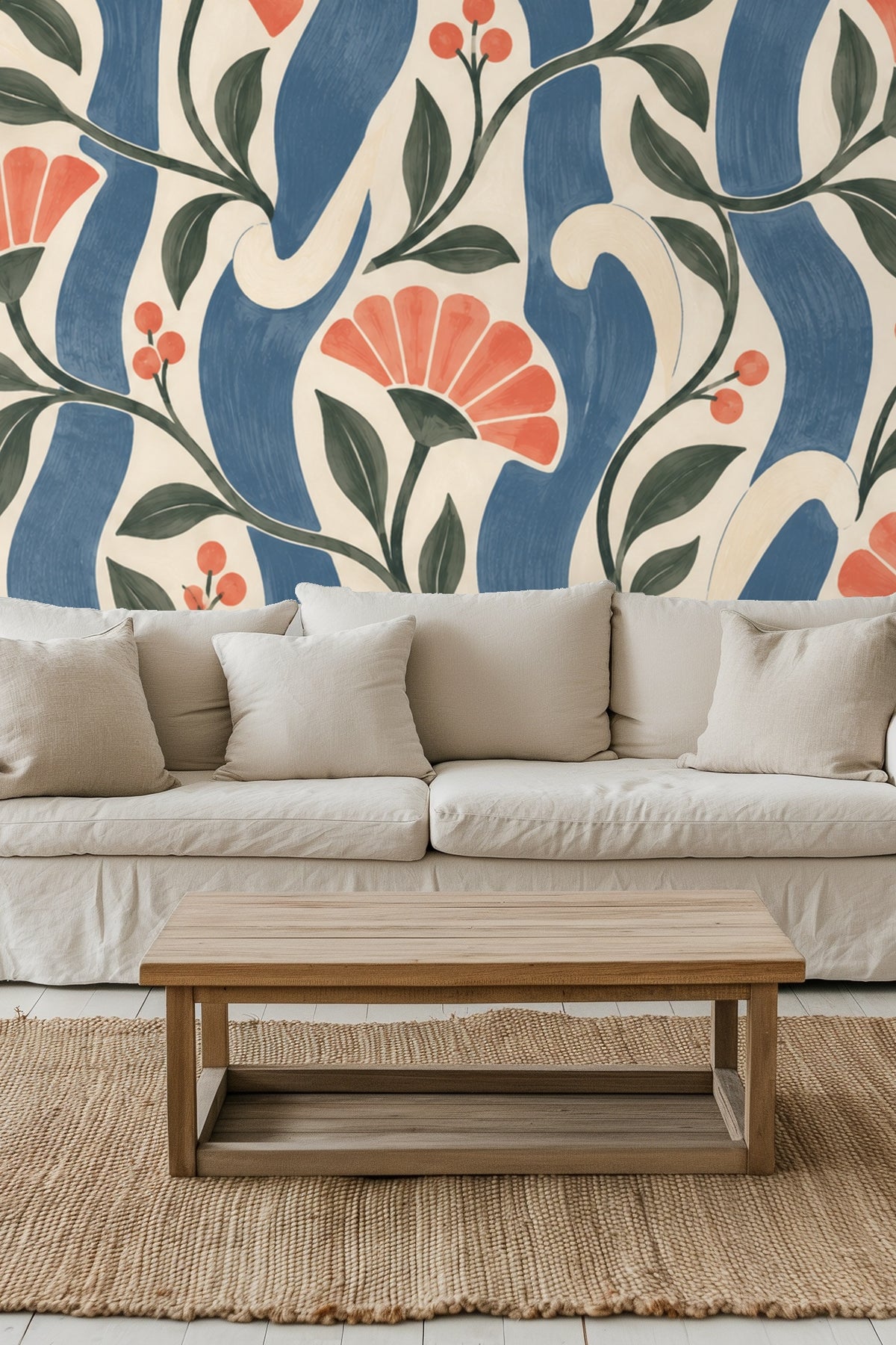 Close-up view of wallpaper featuring coral petals and green leaves on blue wavy stripes
