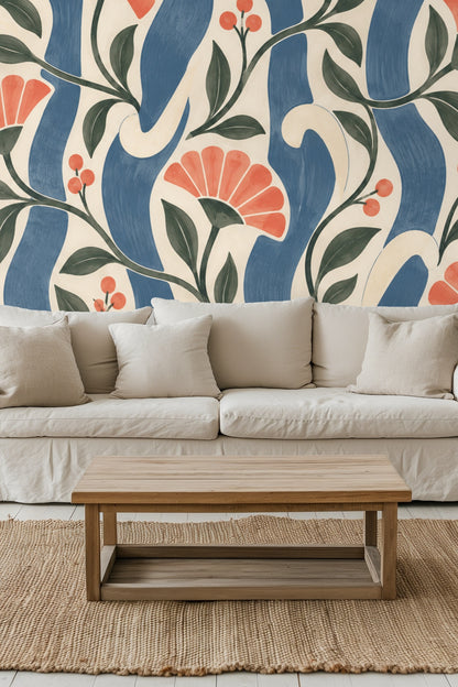 Close-up view of wallpaper featuring coral petals and green leaves on blue wavy stripes