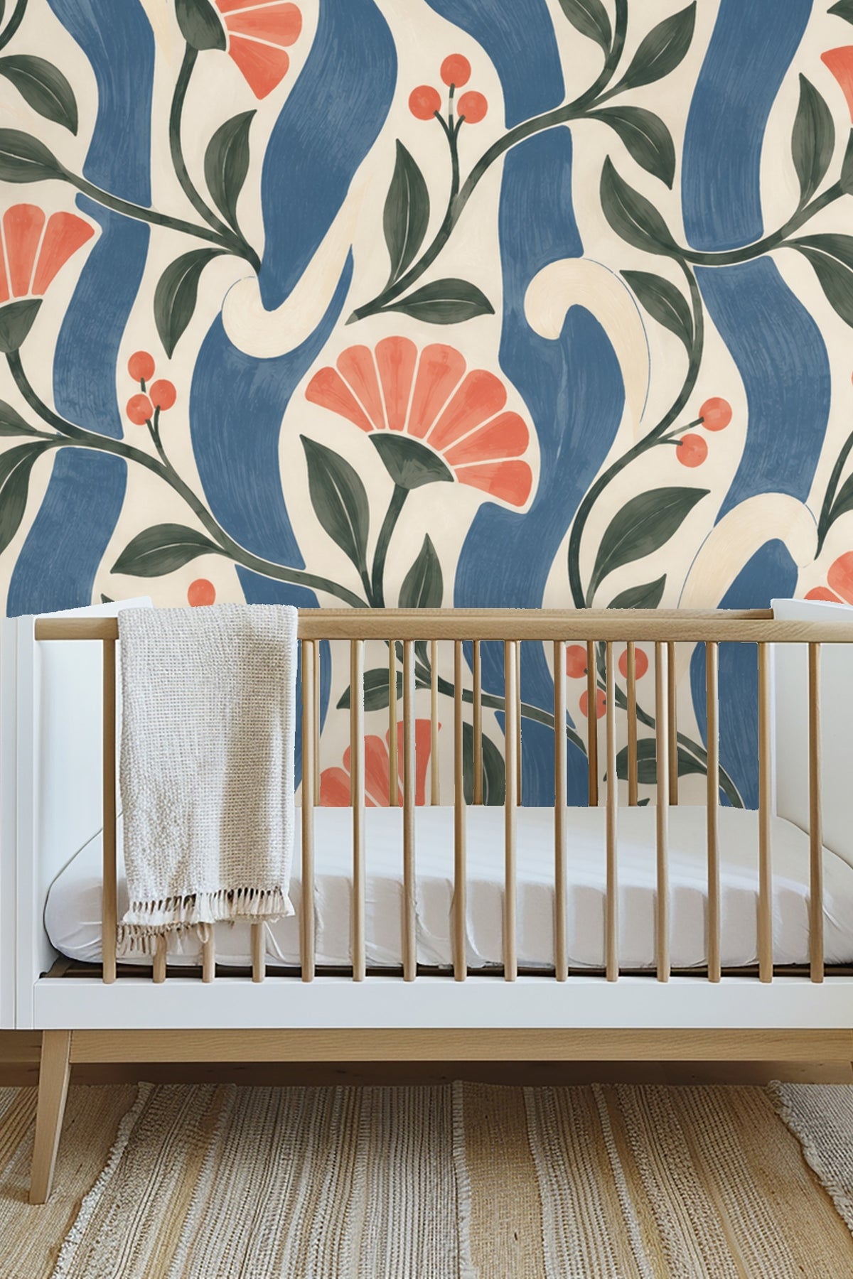 Pattern with alternating steel blue stripes and coral floral petals