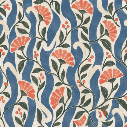 Artistic wallpaper featuring botanical elements and vertical blue stripes