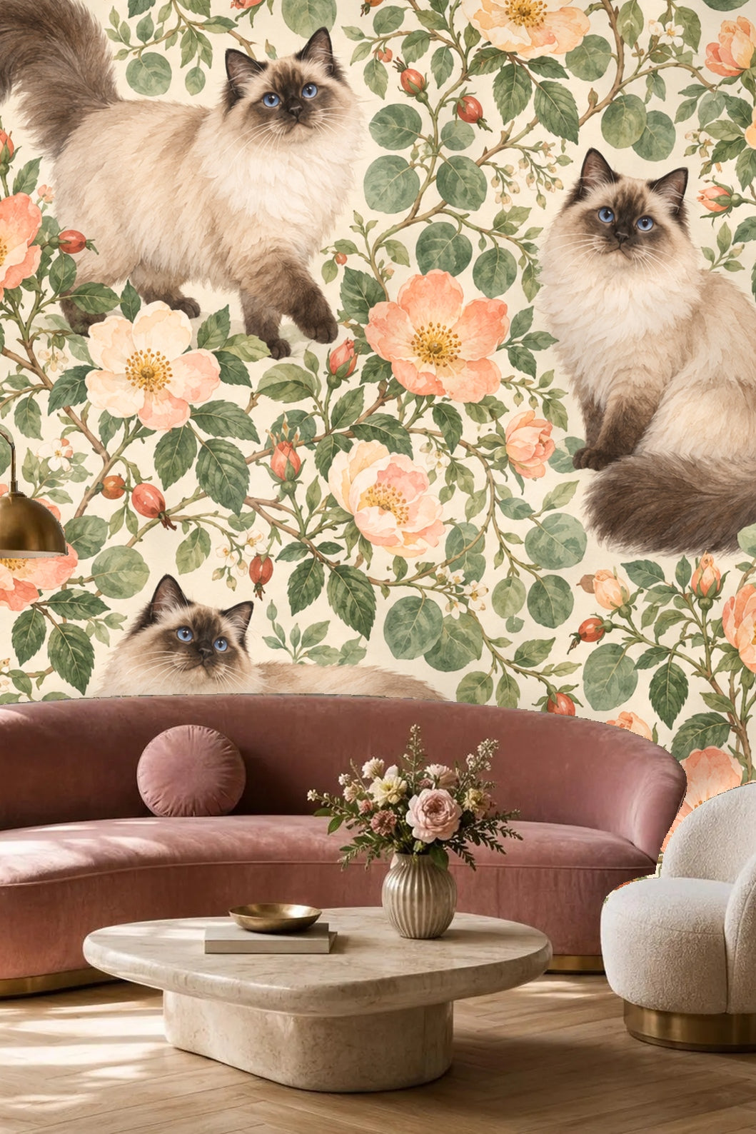 Soft natural light falling on wallpaper in bedroom with woven lampshade