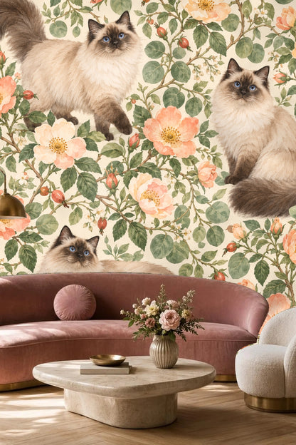 Soft natural light falling on wallpaper in bedroom with woven lampshade