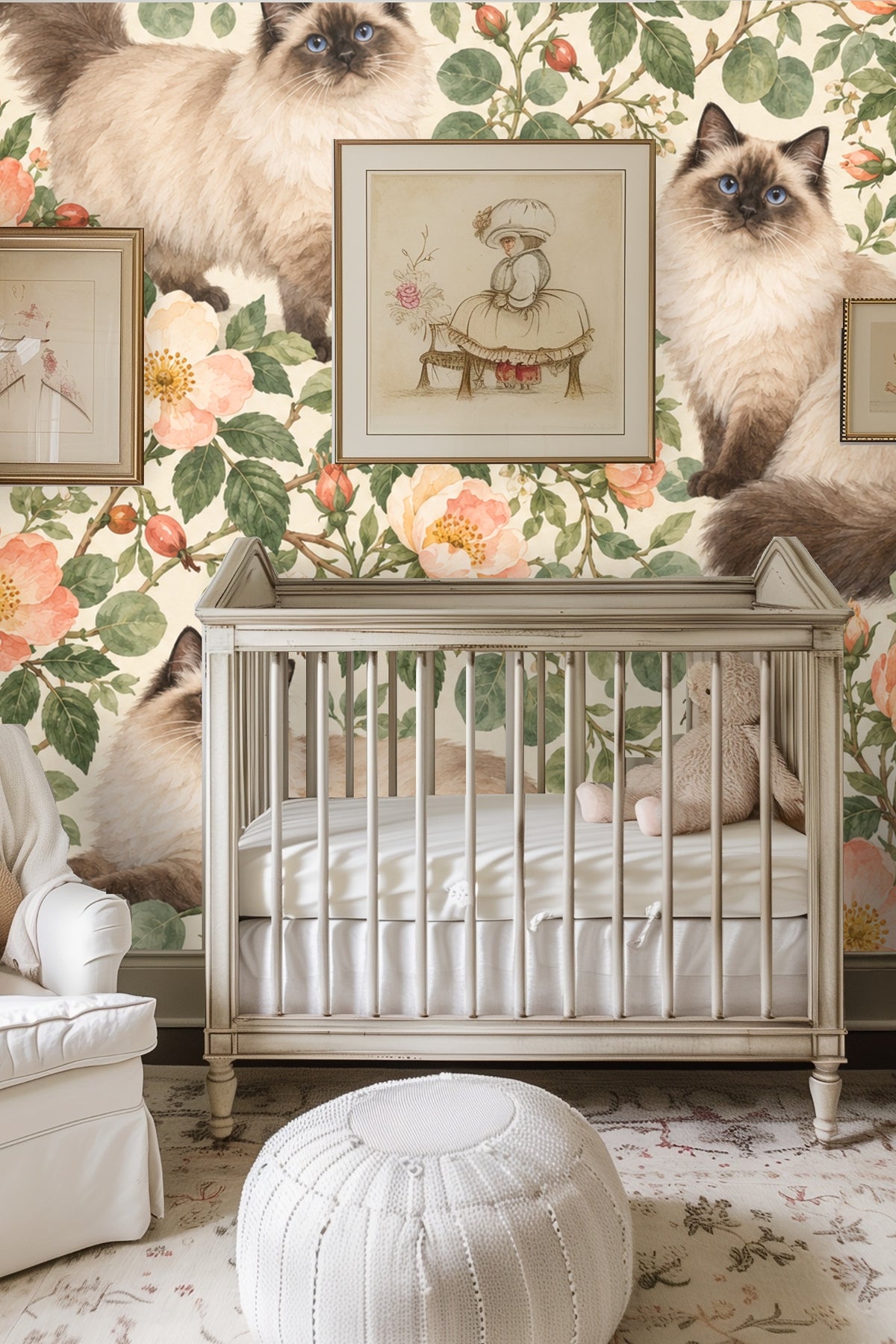 Soft neutral bedroom with Dayrose Ragdolls wallpaper wall behind bed with woven textures and soft linens