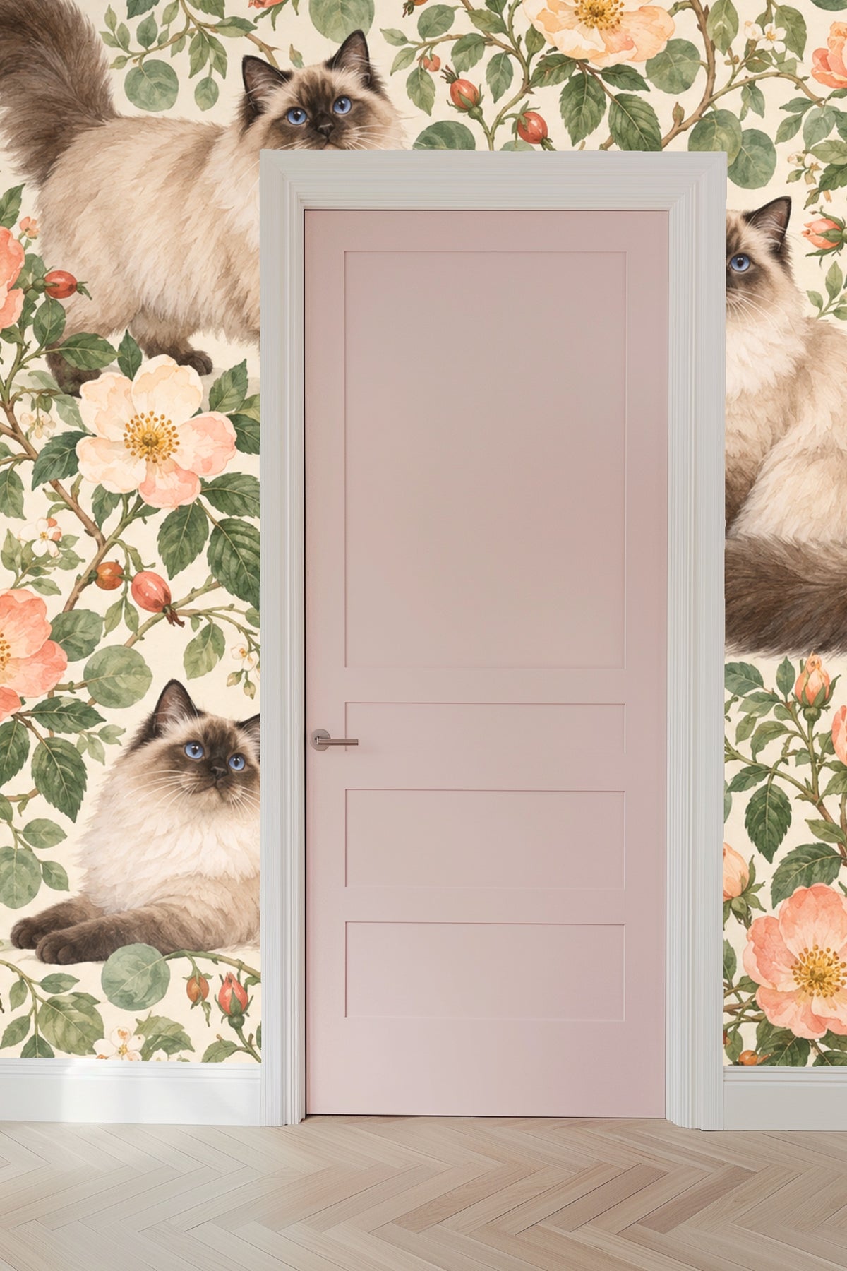 Ragdoll cat walking forward among rose branches in illustration