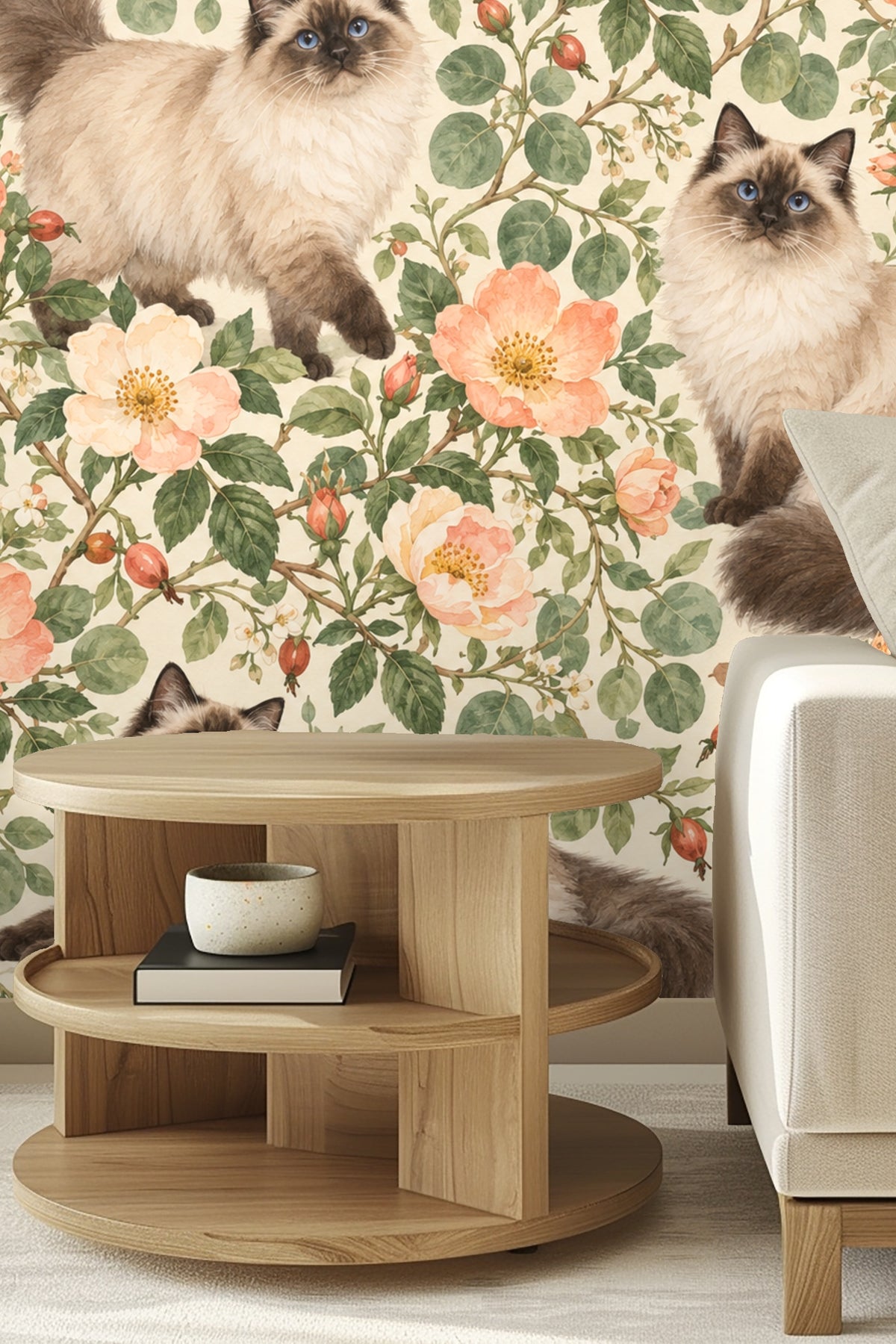 Original artwork showing ragdoll cats with blue eyes among peach wild roses and green foliage on cream background