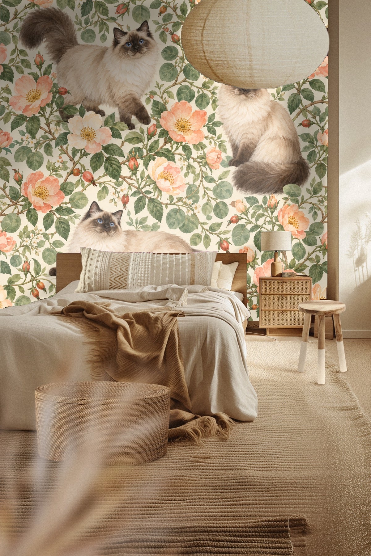 Living room scene featuring Dayrose Ragdolls wallpaper behind a round wood table and modern sofa