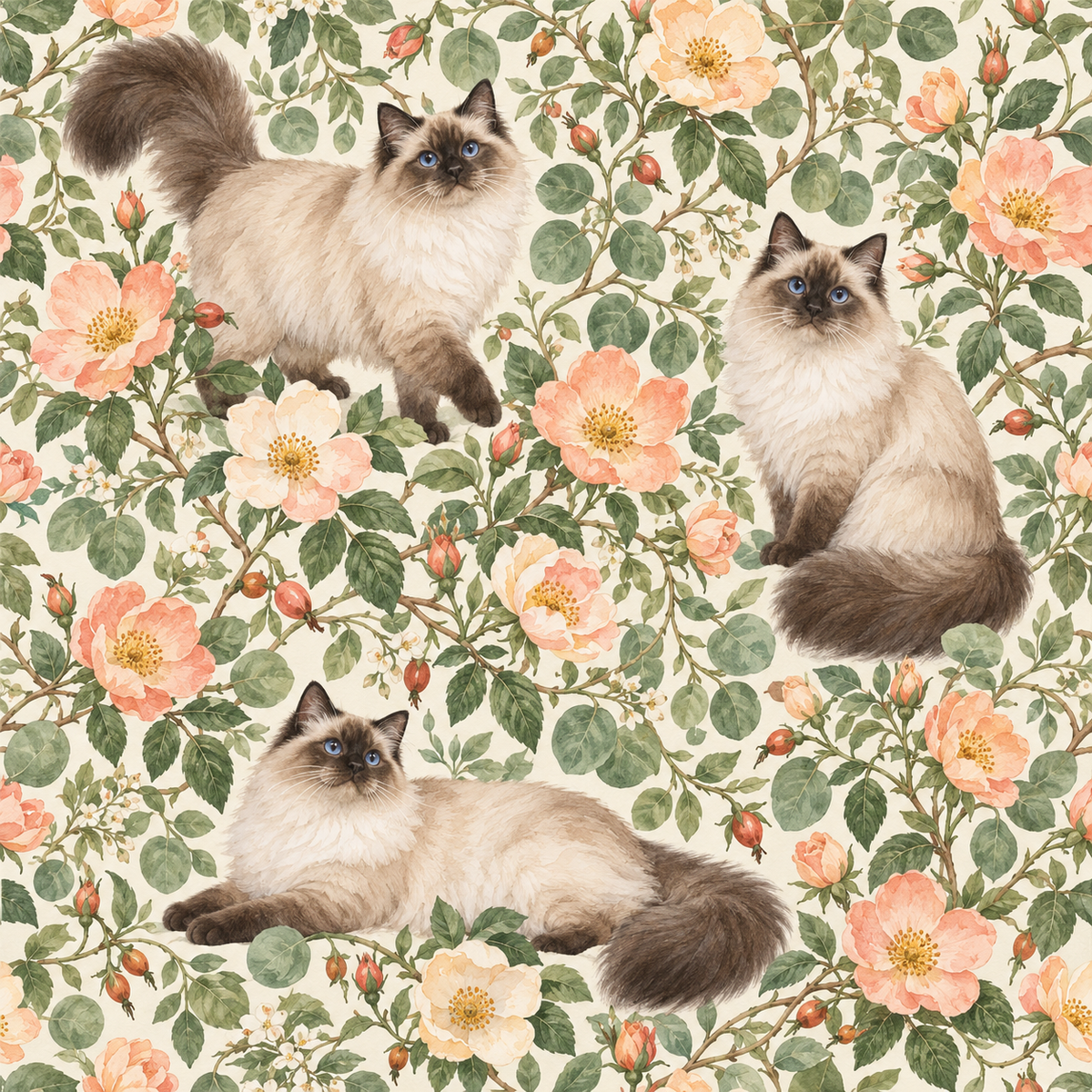Pattern showing overlapping rose branches and cats creating lush texture