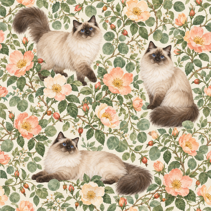 Pattern showing overlapping rose branches and cats creating lush texture