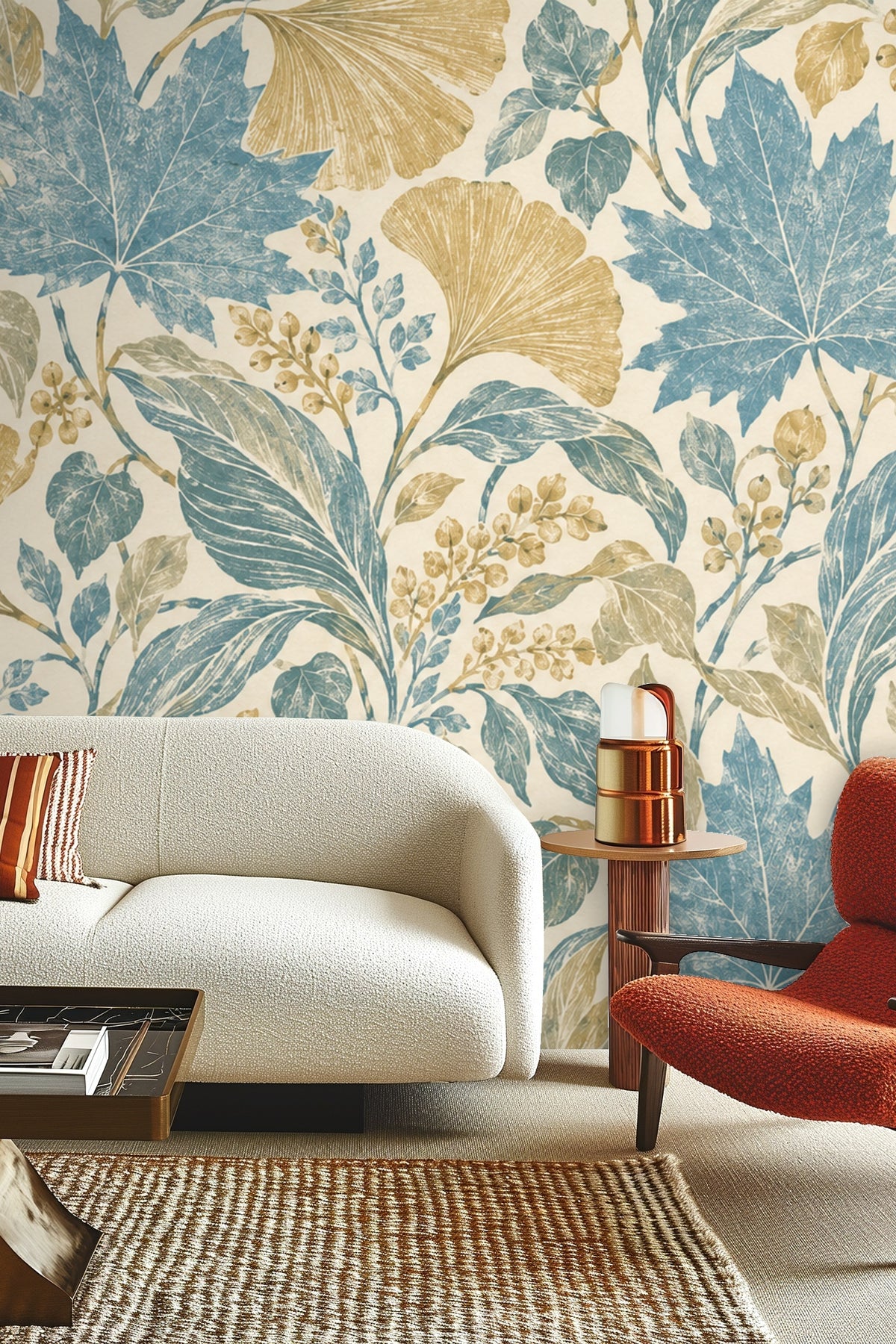 Bedroom featuring Pressed Leaf Canopy wallpaper behind a green upholstered bed and soft bedding