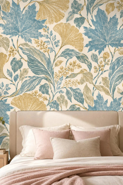 Wall portion highlighting contrast between blue and mustard yellow leaves