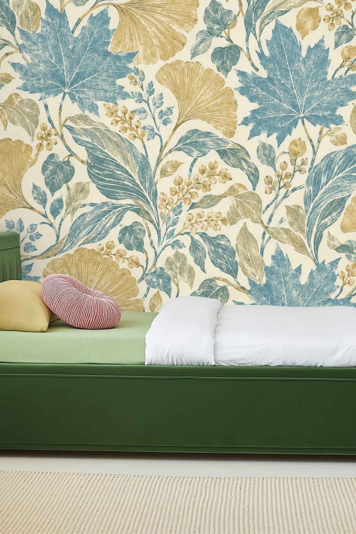 Detailed botanical print of pressed leaves and berries in blue, gold, and green on cream background
