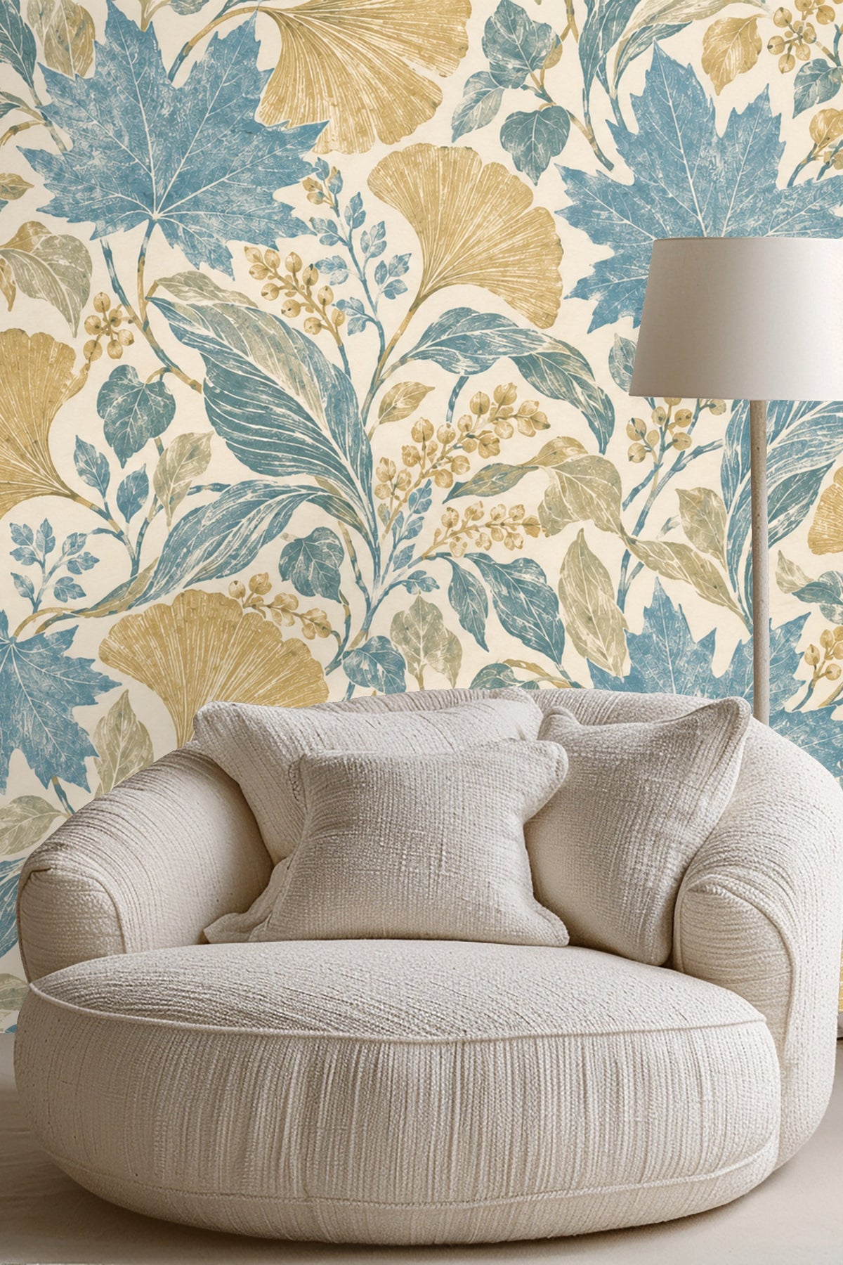 Layering of different leaf shapes and colors on the wallpaper