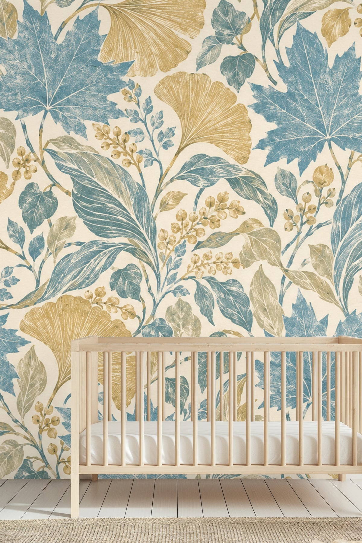 Muted olive leaves interspersed with blue and gold foliage