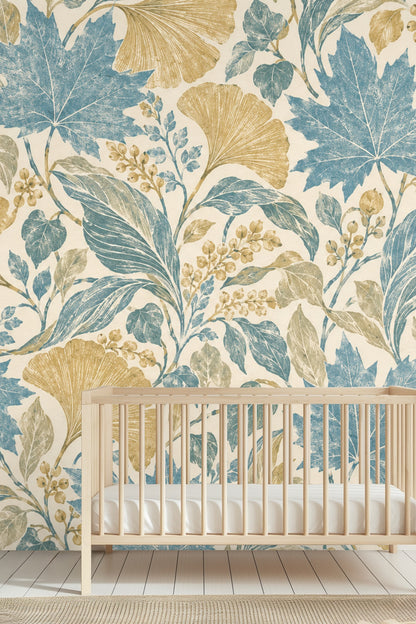 Muted olive leaves interspersed with blue and gold foliage