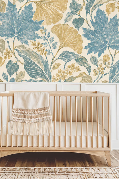 Shot of wallpaper behind green bedframe with contrasting pillows