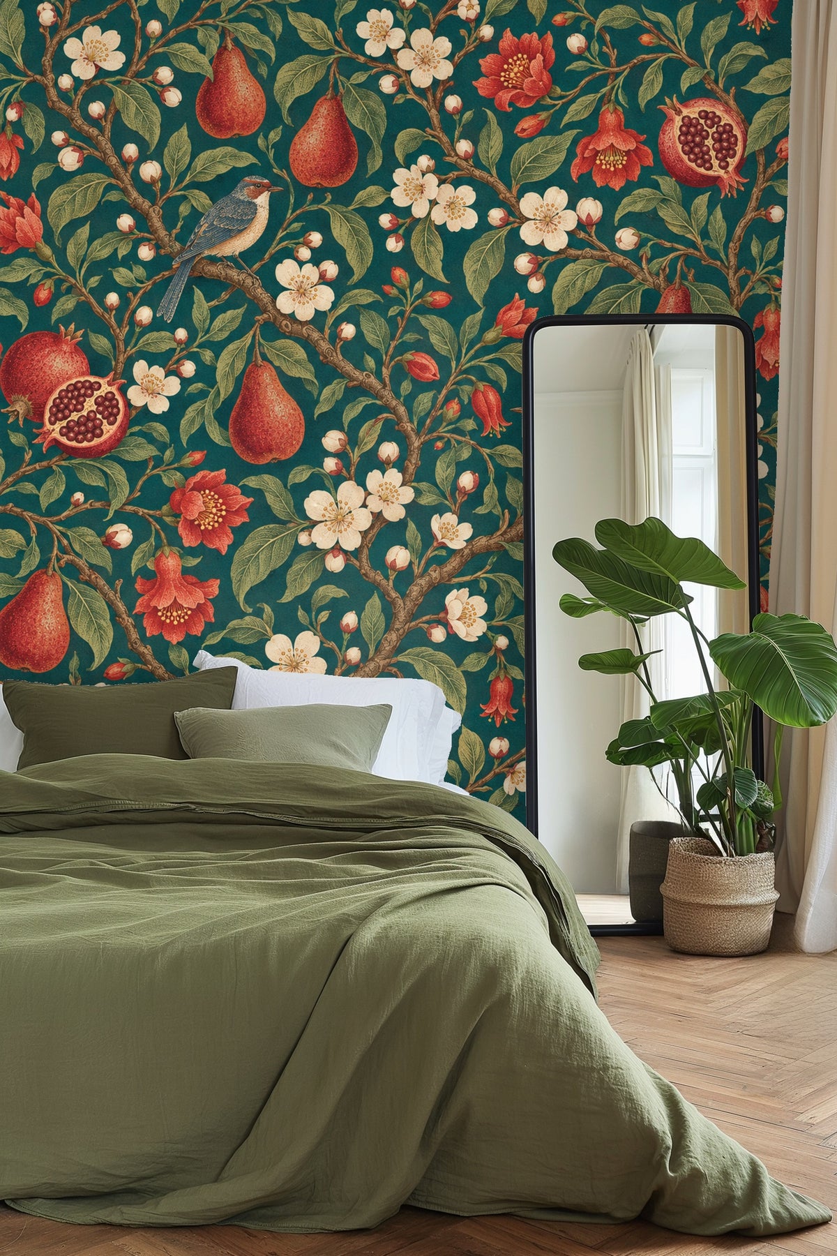 Decorative flowers with red petals and yellow stamen on wallpaper.