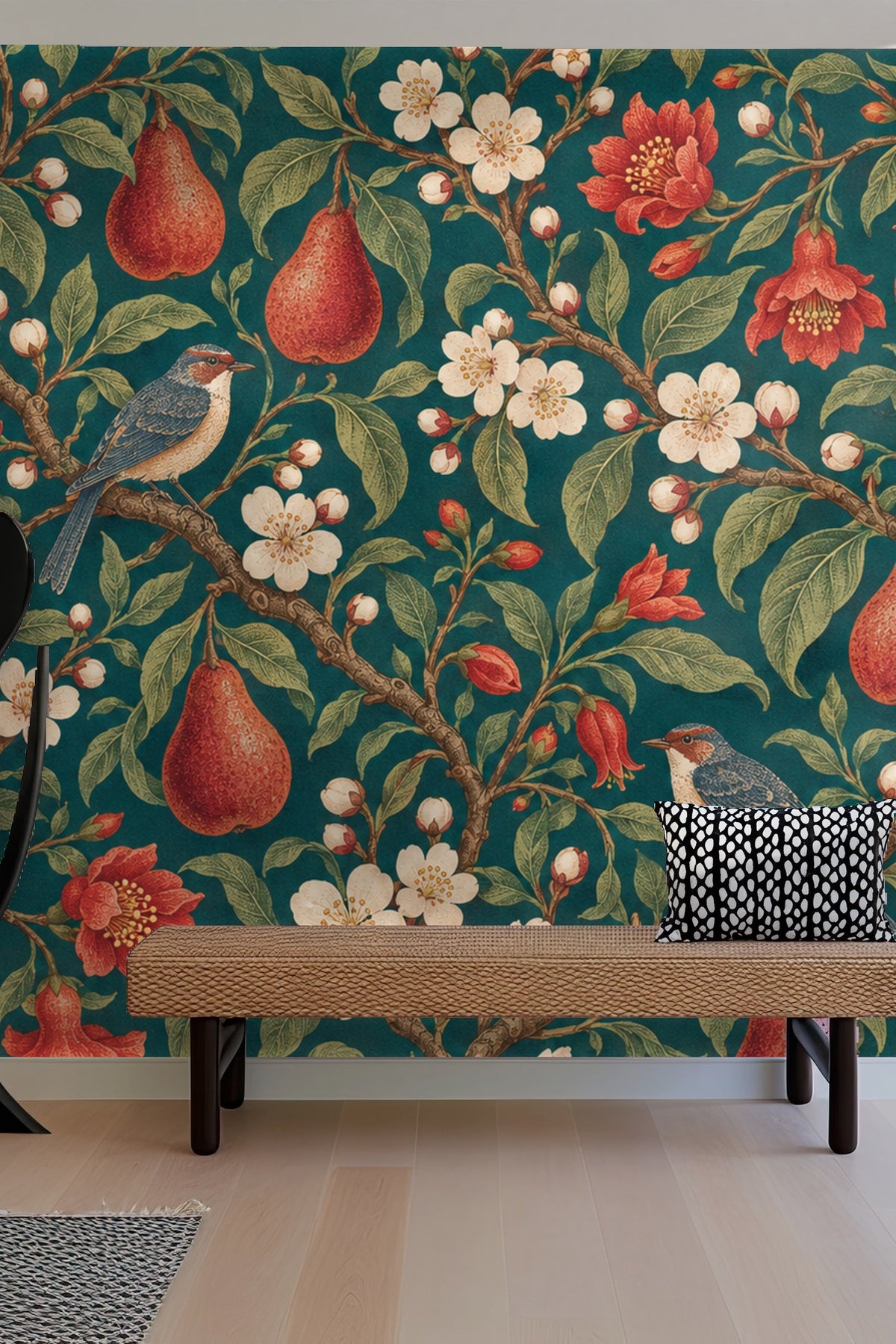 Cut-open pomegranate with visible seeds in wallpaper pattern.