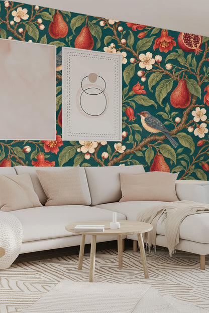 Red pomegranate and pear fruits with textured surface on wallpaper.