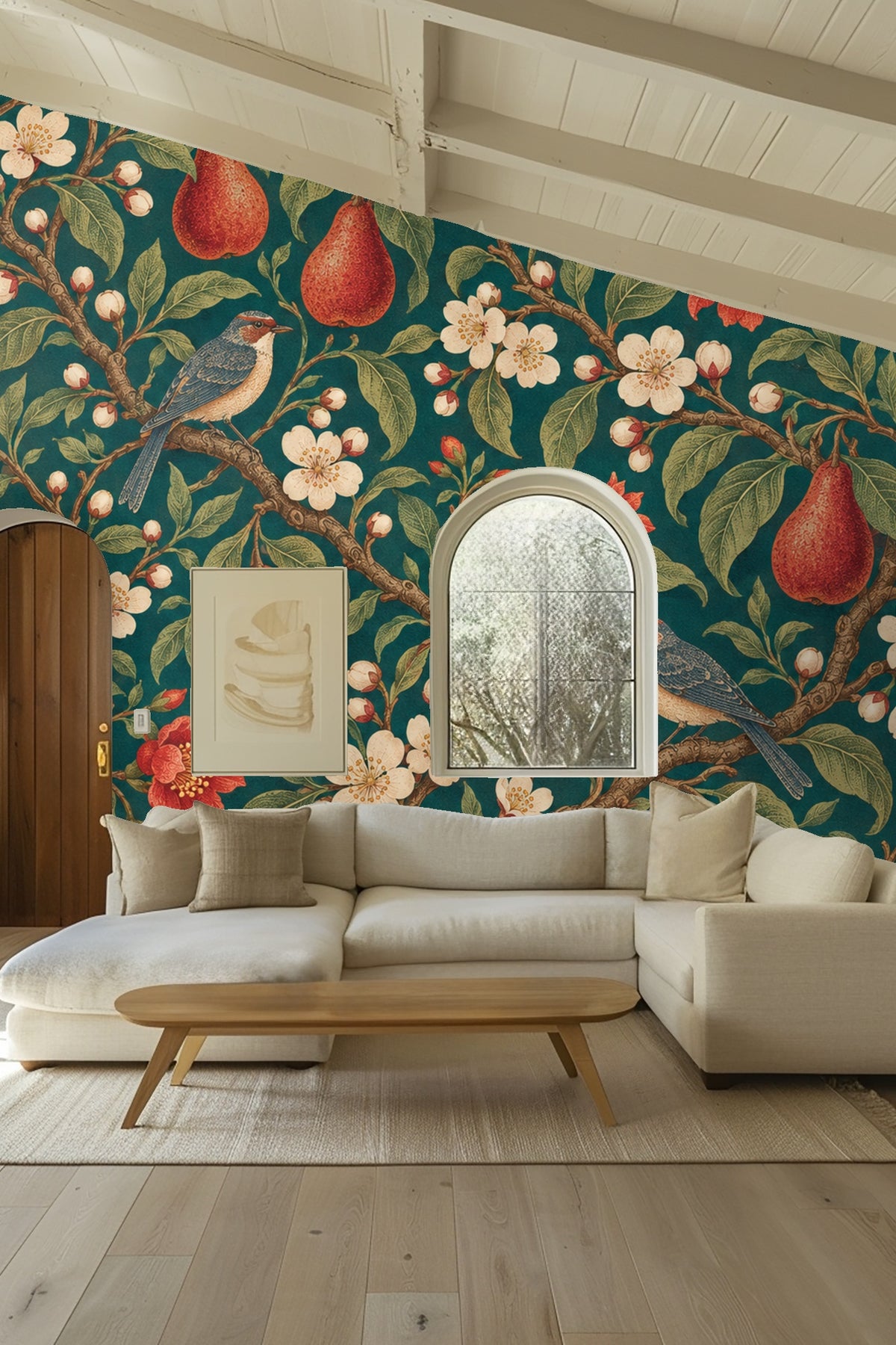 Bedroom interior showing Petrol Orchard Rosettes wallpaper behind a peach-colored velvet headboard with white and orange pillows.