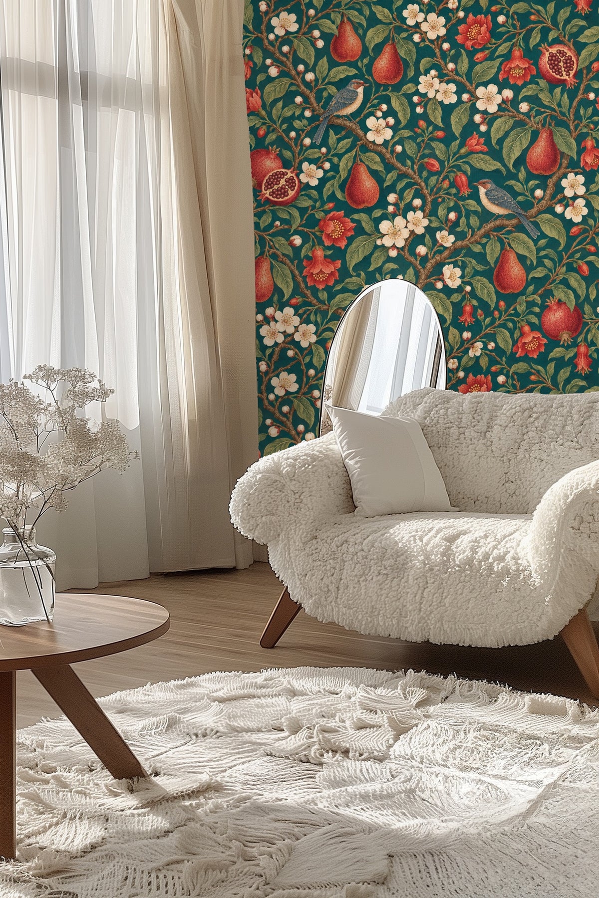 Beige sectional sofa and light wood floor under high white vaulted ceiling with wallpaper.