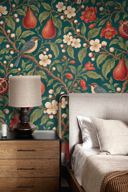Peach-colored upholstered curved headboard with wallpaper backdrop.