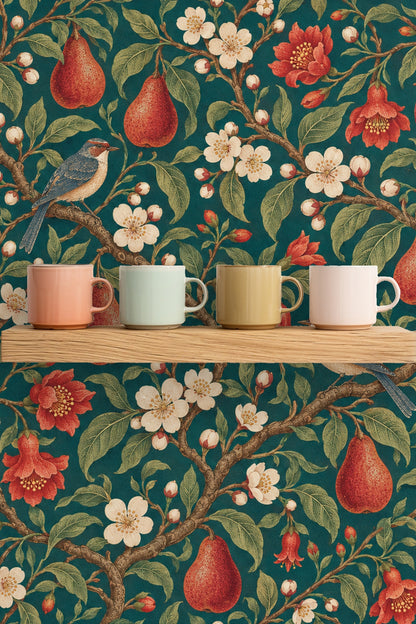 Close-up of wallpaper branch details with fruit and birds.