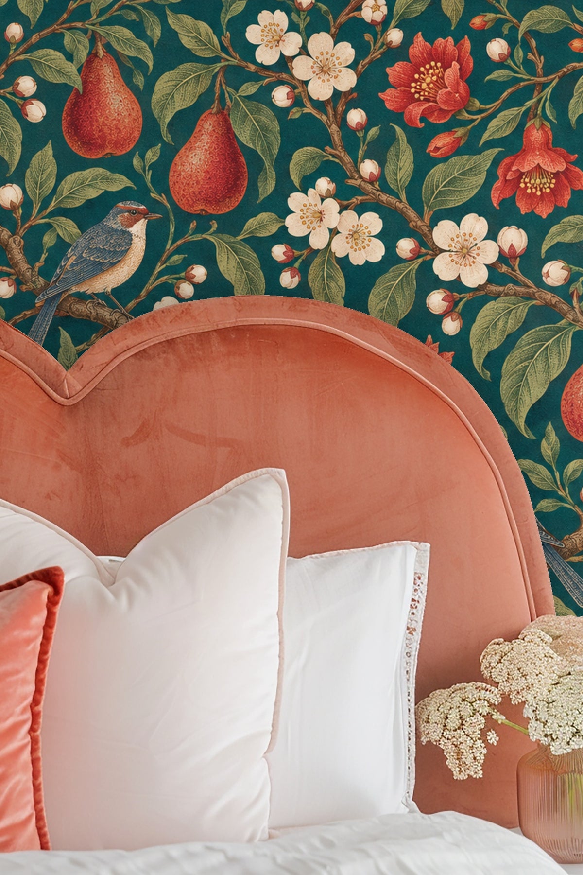 Wallpaper artwork featuring red pears, pomegranates, white blossoms, green leaves, and birds on a deep petrol blue background.