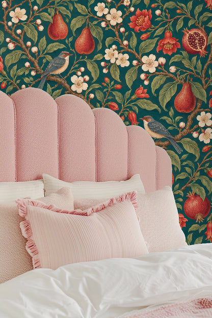 White blossoms and green leaves on the wallpaper in detail.