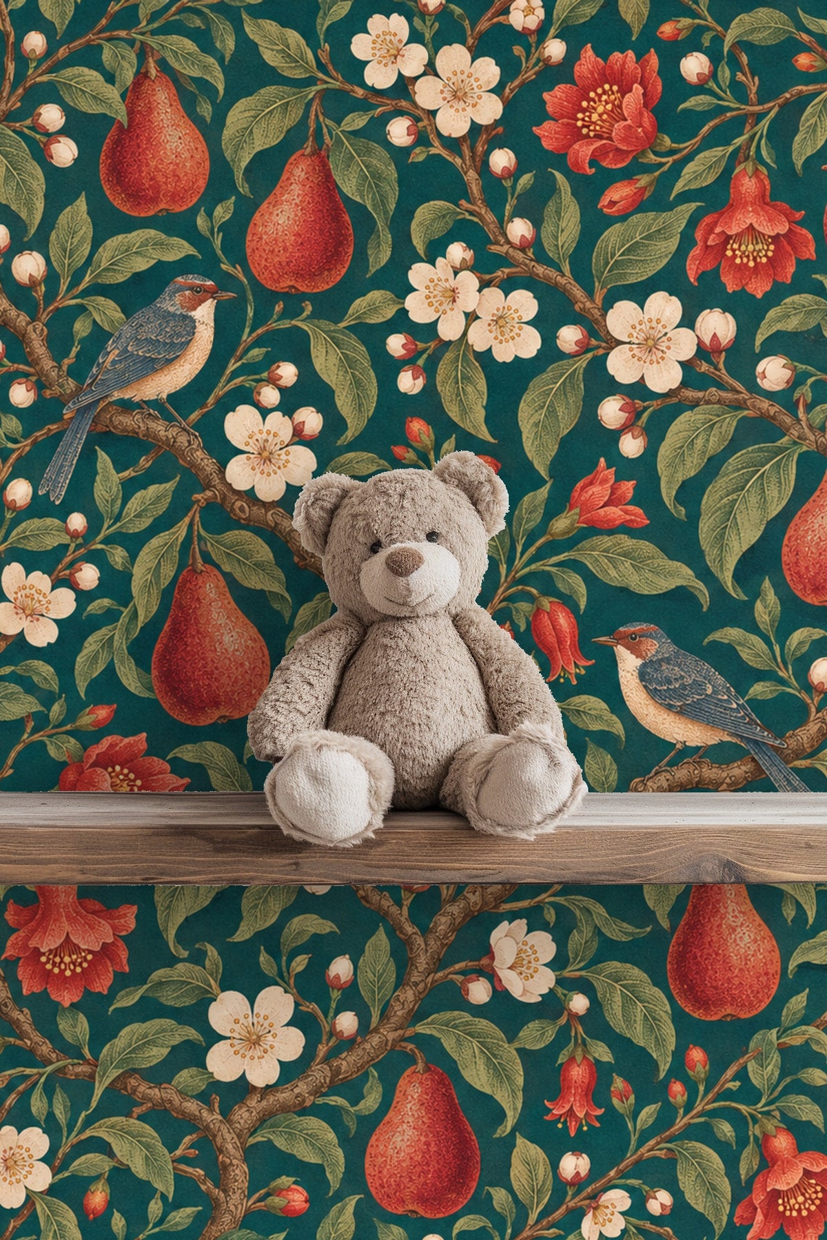 Blue-gray birds perched on tree branches in wallpaper design.