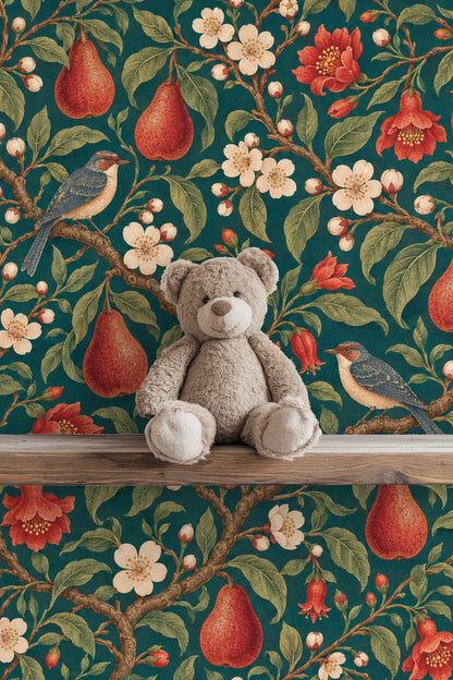 Blue-gray birds perched on tree branches in wallpaper design.