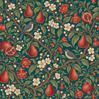 Ornamental botanical elements in vibrant reds and greens on wallpaper.