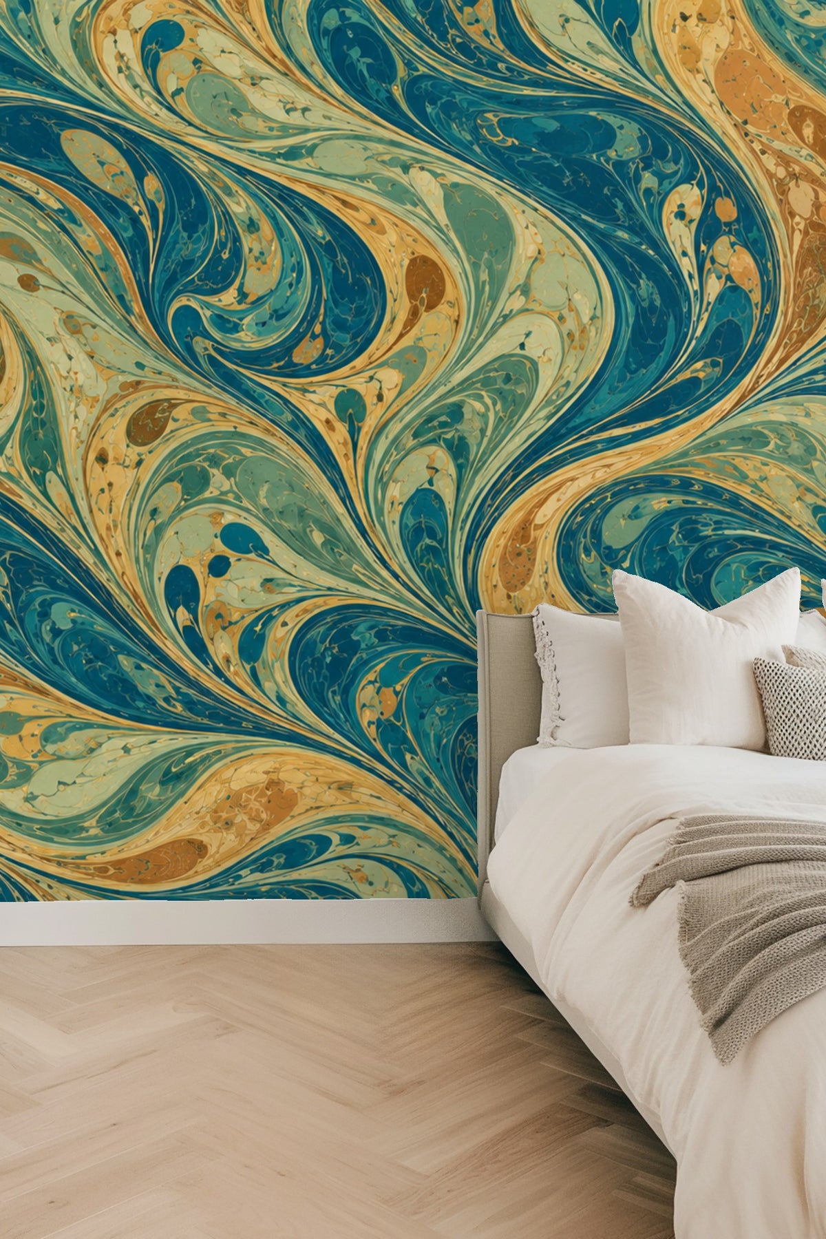 Marbled wallpaper pattern with flowing swirls of blue, teal, and ochre