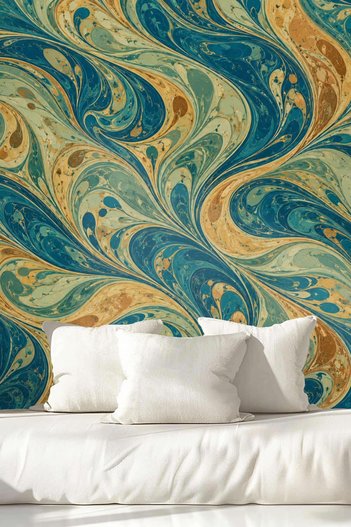 Wall showcasing the intricate curves and veins of Peacock Marble Braid wallpaper