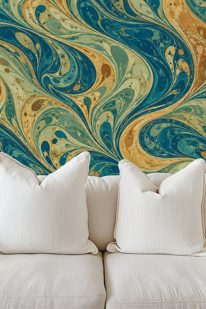 A bedroom wall covered in Peacock Marble Braid wallpaper with soft natural light