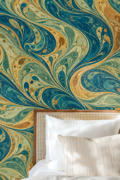 Close-up detail of Peacock Marble Braid wallpaper showing swirling marble pattern in teals and ochres
