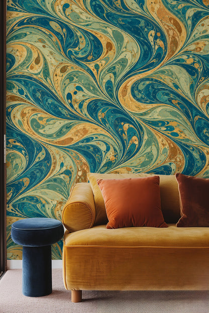 Fluid brushstroke effect with earthy and oceanic hues in wallpaper design