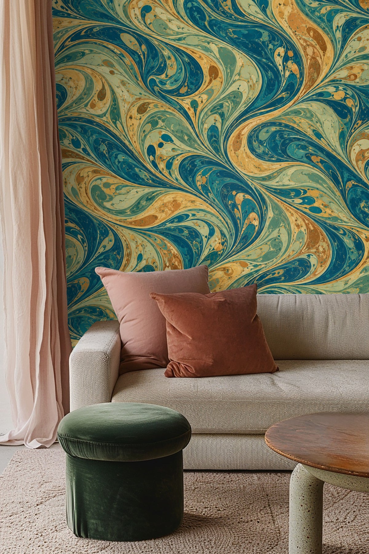Peacock Marble Braid wallpaper behind a natural cane-headboard bed with white linens