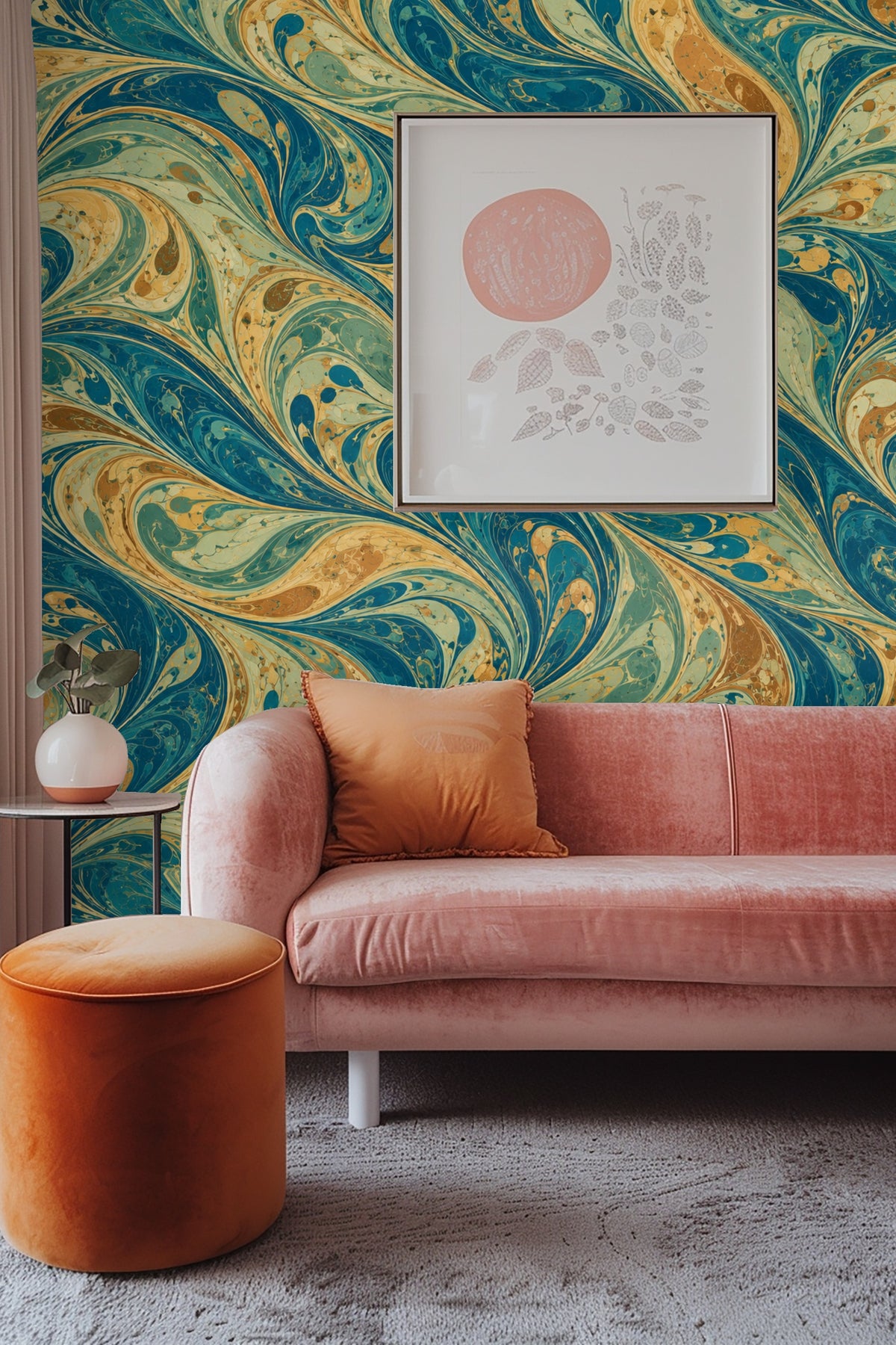 Sinous marbled lines and droplets forming an organic swirling braid motif