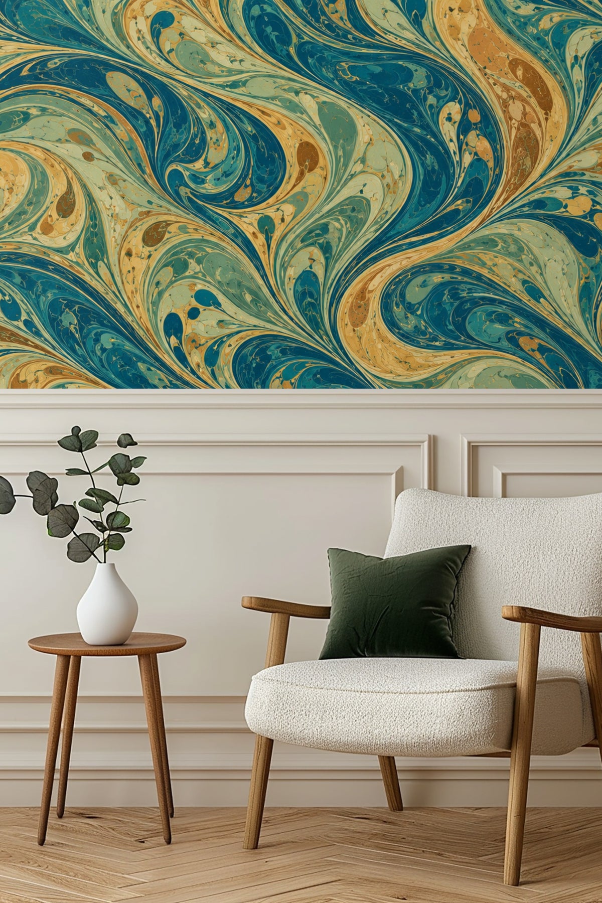 Blue and golden marbled wallpaper creating a vintage artistic wall finish